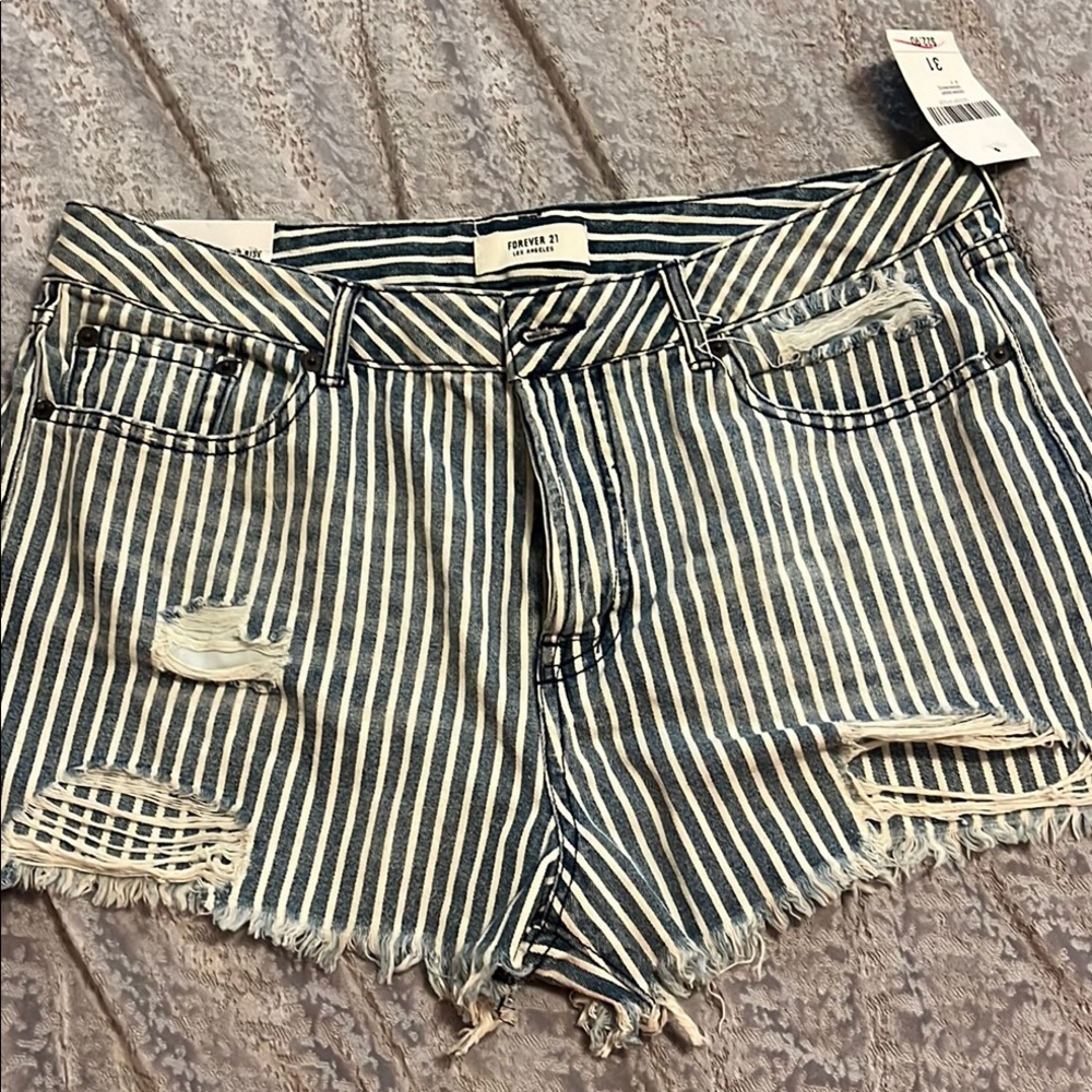 Forever 21 Distressed Striped Jean Shorts